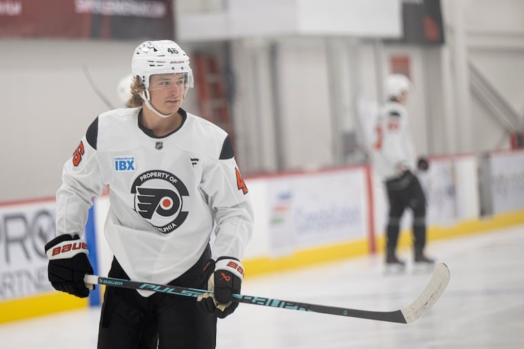 Flyers' Trevor Zegras (46) skates during training camp at the Flyers Training Center on Sept. 18.