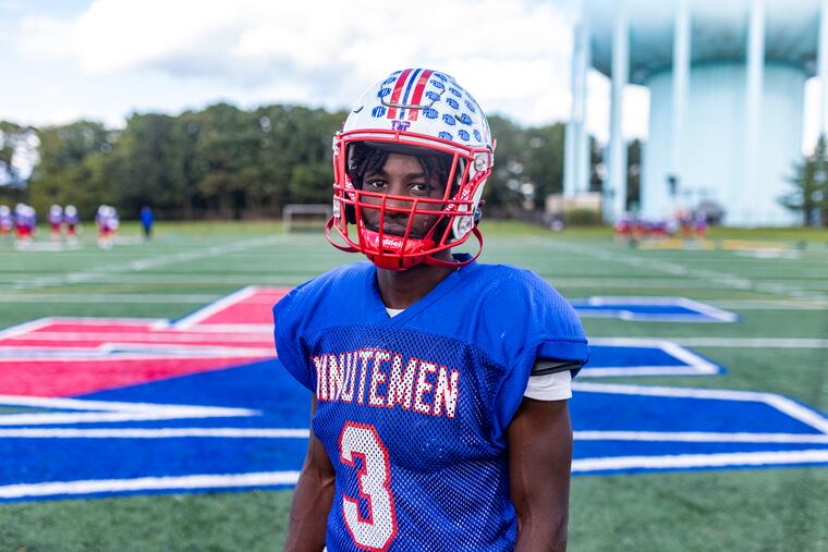 Da’Shawn Long, 16, junior and receiver for Washington Township Football team, poses for a portrait during practice in Sewell on Oct. 10.