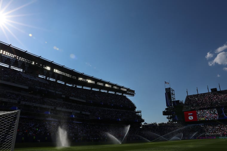 The sun hangs over Lincoln Financial Field during the hydration break in the first half as France plays Paraguay in the FIFA World Cup Round of 16 match in Philadelphia on Saturday, July 4, 2026.