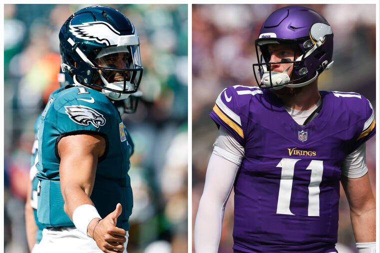 Quarterbacks Jalen Hurts (left) of the Eagles and Carson Wentz of the Vikings will lead their teams on Sunday.