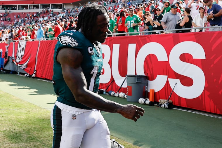 Eagles wide receiver A.J. Brown walks off the field after the Eagles beat the Tampa Bay Buccaneers on Sunday.