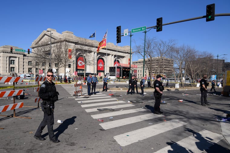 Police cordon off the area around Union Station following a shooting at the Kansas City Chiefs NFL football Super Bowl celebration in Kansas City, Mo., on Wednesday.
