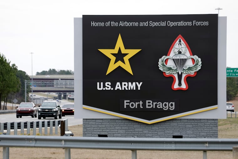 A sign for Fort Bragg is seen March 7, 2025, in Fort Bragg, N.C.
