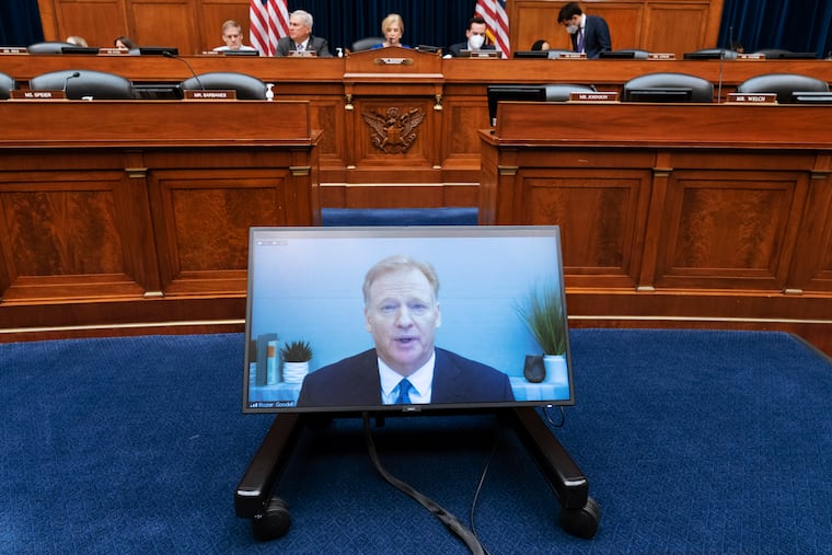 NFL Commissioner Roger Goodell testifies virtually Wednesday during a House Oversight Committee hearing on the Washington Commanders' workplace conduct, on Capitol Hill in Washington.