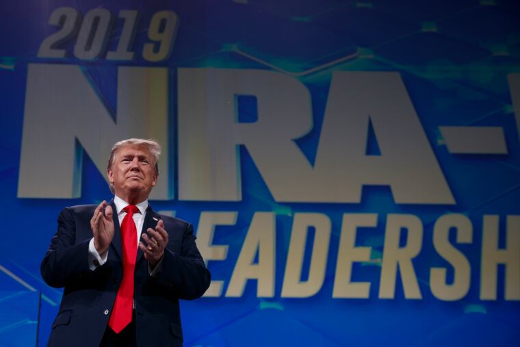 President Donald Trump arrives to speak to the annual meeting of the National Rifle Association, Friday, April 26, 2019, in Indianapolis. (AP Photo/Evan Vucci)