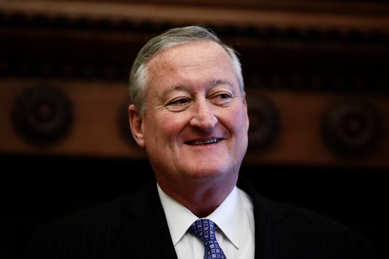 Philadelphia Mayor Jim Kenney smiles ahead of a news conference at City Hall in Philadelphia, Wednesday, Sept. 26, 2018. Kenney proposed legislation to increase the minimum wage for city workers and contractors. (AP Photo/Matt Rourke)