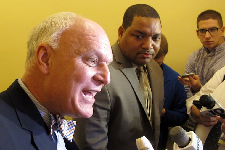 Atlantic City Mayor Don Guardian (left) and City Council President Marty Small said at a news conference in Trenton last week that the city will consider filing for bankruptcy.