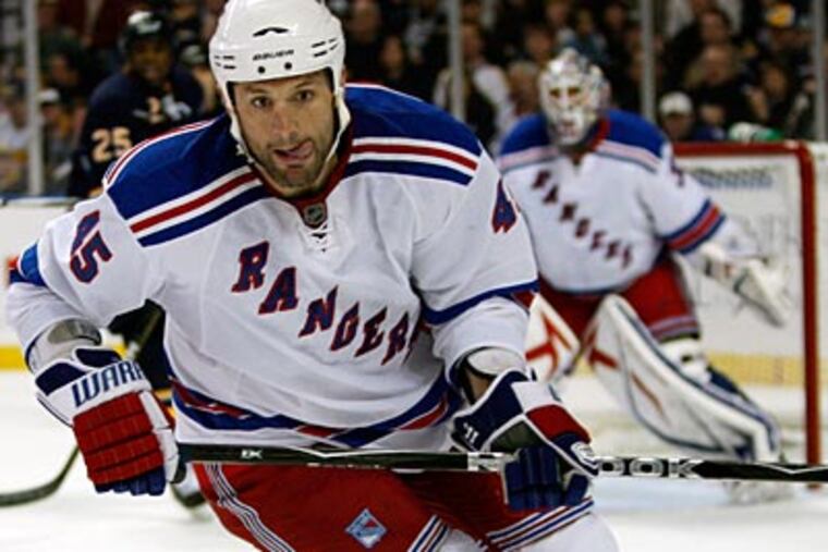 The Flyers added Jody Shelley (above), Andrej Meszaros, and Sean O'Donnell to bolster their defense. (AP Photo/ David Duprey)