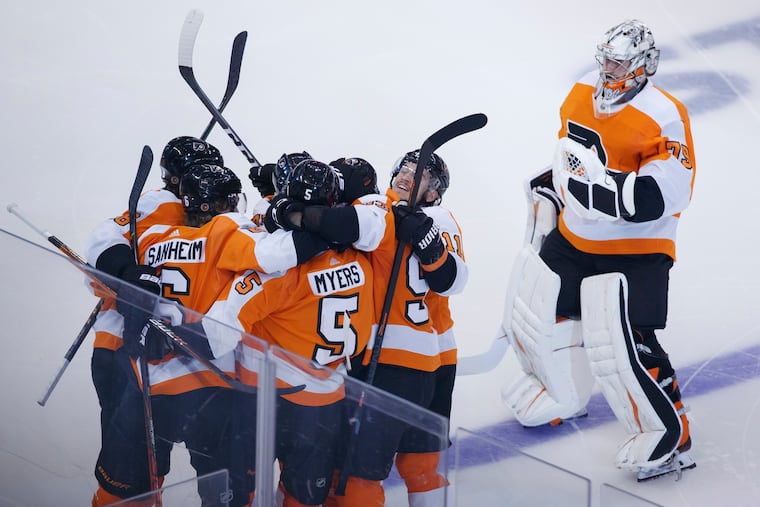 Phil Myers feeling the love after his overtime goal on Wednesday. The Flyers' series with the Islanders, tied at 1-1, will resume Saturday at 7 p.m.