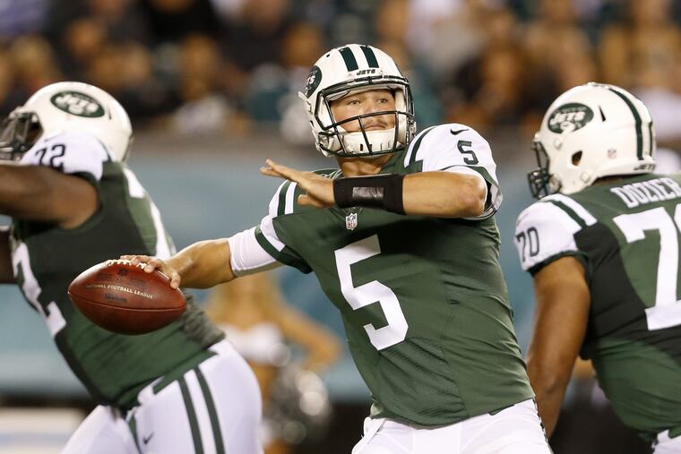 New York Jets' quarterback Christian Hackenberg throws the football during the third-quarter against the Eagles in a preseason game on Thursday, September 1 2016 in Philadelphia. DAVID MAIALETTI / Staff Photographer