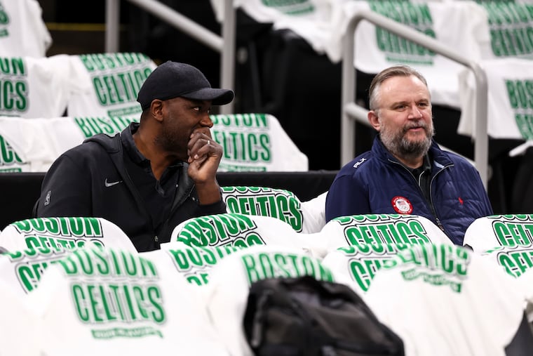 Sixers general manager Elton Brand (left) shown with former president of basketball operations Daryl Morey on May 2 in Boston.