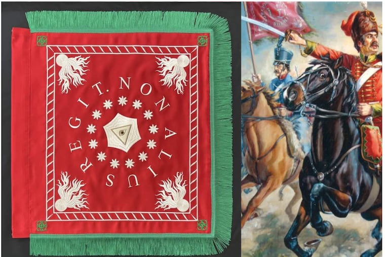 A replica of the Pulaski Banner, which was used by Revolutionary War troops, and a detail from the "Fidelissimus Ad Mortem" by Gabriela Koszorus Varsa, in which the flag is depicted with Michael Kováts de Fabriczy.