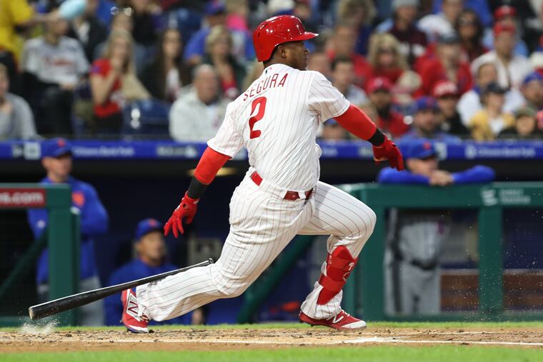 Jean Segura of the Phillies bats for the second time against the Mets in the first inning at Citizens Bank Park on April 16, 2019. He left the game with a hamstring injury after the 1st inning.