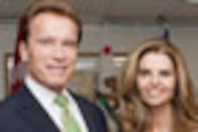 FILE - In this Oct. 2, 2009 file photo, California Gov. Arnold Schwarzenegger and his wife Maria Shriver pose for photos before they meet at the second Governors' Global Climate Summit in Los Angeles. On July 1, 2011, six weeks after ex-California Gov. Arnold Schwarzenegger revealed he fathered a child with a member of his household staff, Maria Shriver filed divorce papers seeking to end their 25-year marriage. (AP Photo/Reed Saxon, file)