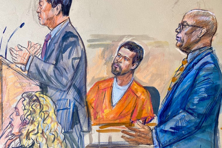 This courtroom sketch depicts Cole Tomas Allen, center, listening as his attorney Eugene Ohm, left, speaks to U.S. Magistrate Judge Zia Faruqui, Monday, May 4, 2026, in Washington, as Tony Towns, the acting general counsel for the District of Columbia Department of Corrections, listens at right.