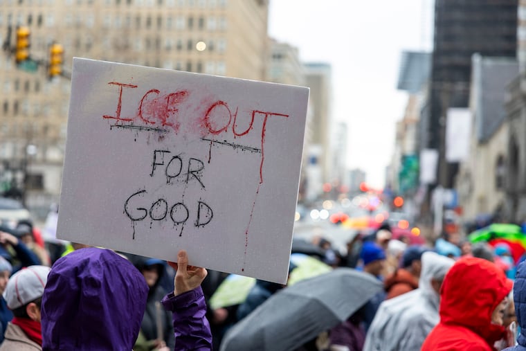 An “Ice Out for Good” sign during a rainy day at City Hall as many gather to rally and protest against ICE in Philadelphia on Jan. 10.