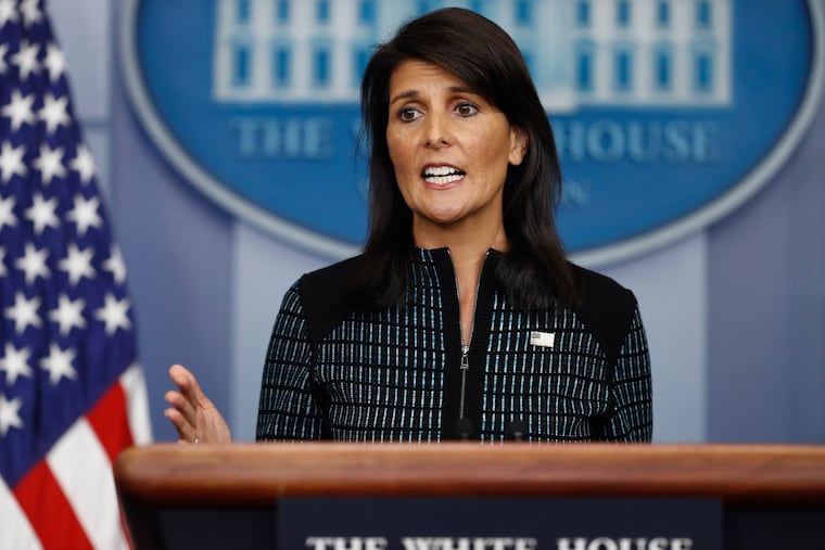 Nikki Haley, during her time as U.S. Ambassador to the United Nations, speaks at the White House in 2017.