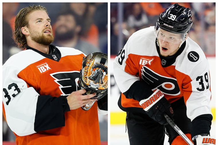 Flyers goaltender Sam Ersson (left), and forward Matvei Michkov.