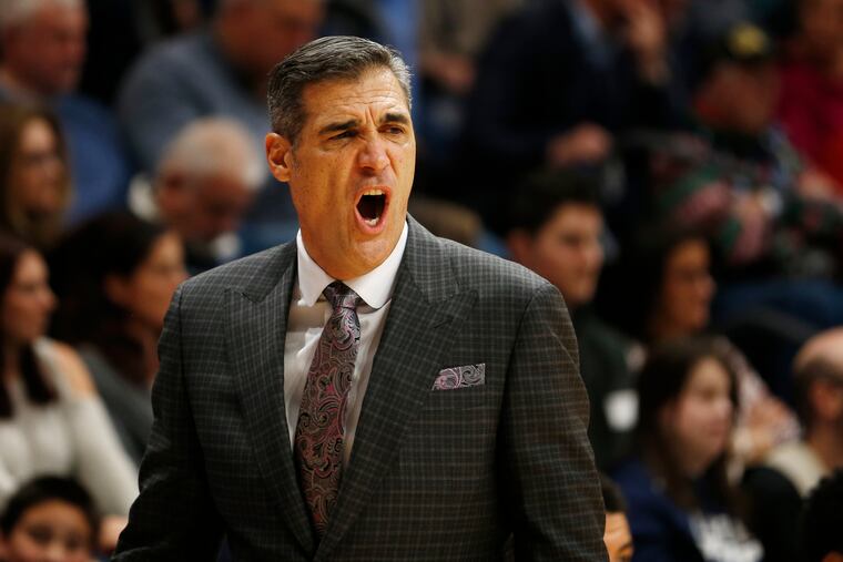 Villanova head coach Jay Wright shouts during the second half of an NCAA college basketball game against Saint Joseph's, Saturday, Dec. 8, 2018, in Villanova, Pa. Villanova won 70-58. (AP Photo/Laurence Kesterson)