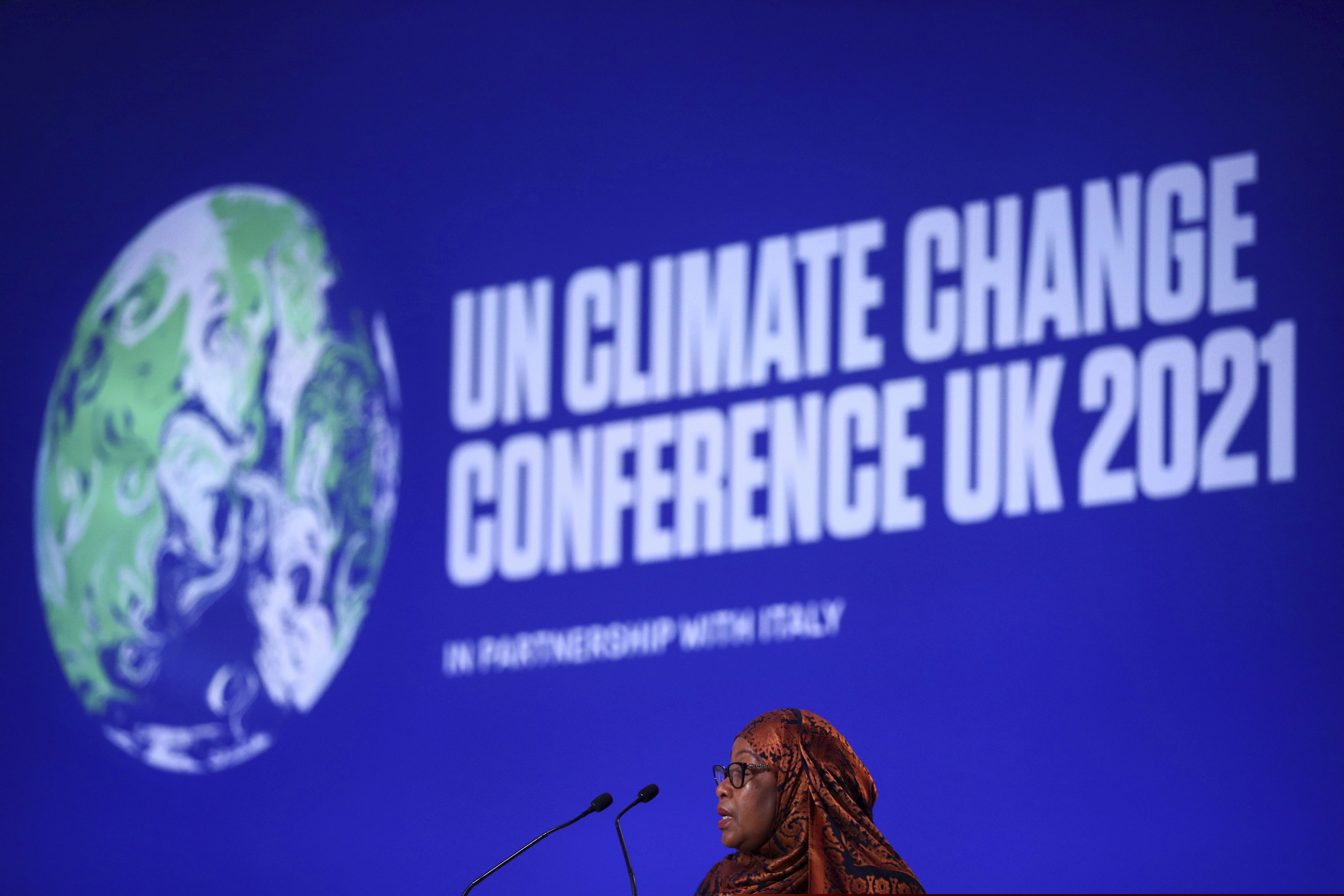 President of Tanzania Samia Suluhu Hassan speaks during the UN Climate Change Conference COP26 in Glasgow, Scotland, on Tuesday.