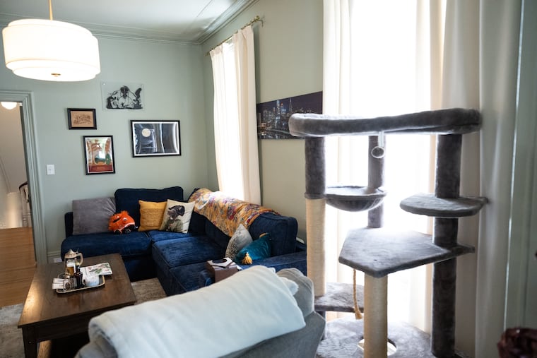 The couple turned one second-floor room into a living room, including space for their cats to lounge.