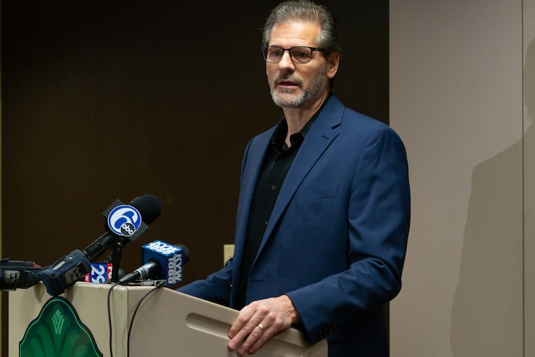 Ron Hextall speaking during a press conference in Voorhees in November 2018, not long after the Flyers had fired him as their general manager.