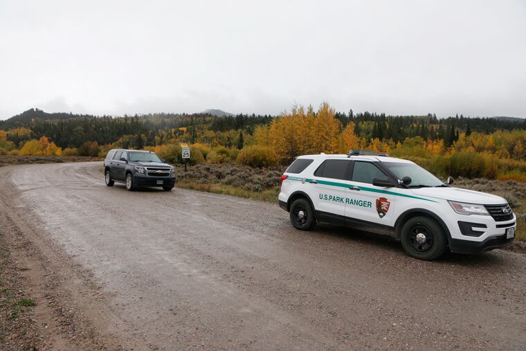 A U.S. Park Ranger vehicle drives on the Spread Creek area is in the Bridger-Teton National Forest, just east of Grand Teton National Park off of U.S. Highway 89 in Wyo. Authorities say they have found a body in Wyoming believed to be Gabrielle Petito.