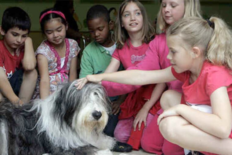 At Good Intent Elementary in Deptford, Henley the rescue mascot with fans (from left) Zachary Rosenzweig, Jamie Megina, Christopher Pichardo, Carla Hansen, Samantha Kiermeler, and Samantha Thomas. Students helped contribute to Gloucester County Animal Shelter. (Bonnie Weller / Staff Photographer)