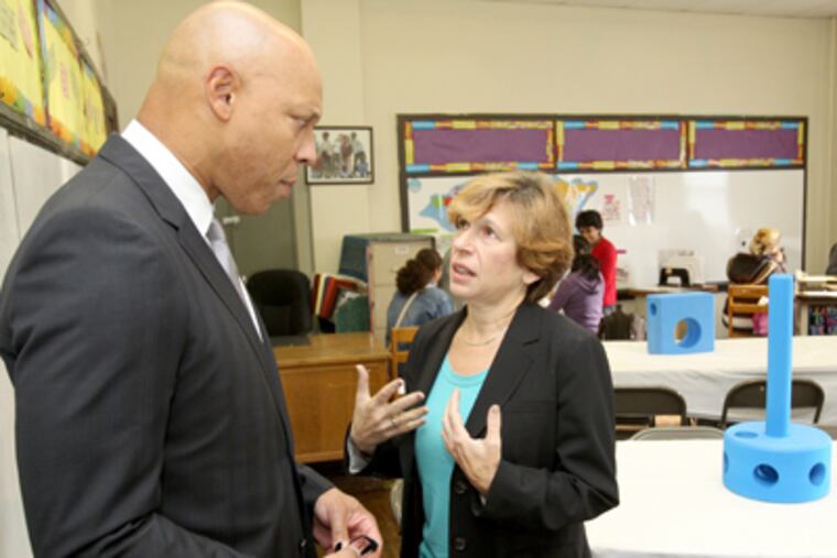 Randi Weingarten, president of the American Federation of Teachers, with Philly schools Superintendent William R. Hite Jr. at Jackson Elementary in South Philadelphia. (Charles Fox / Staff Photographer)