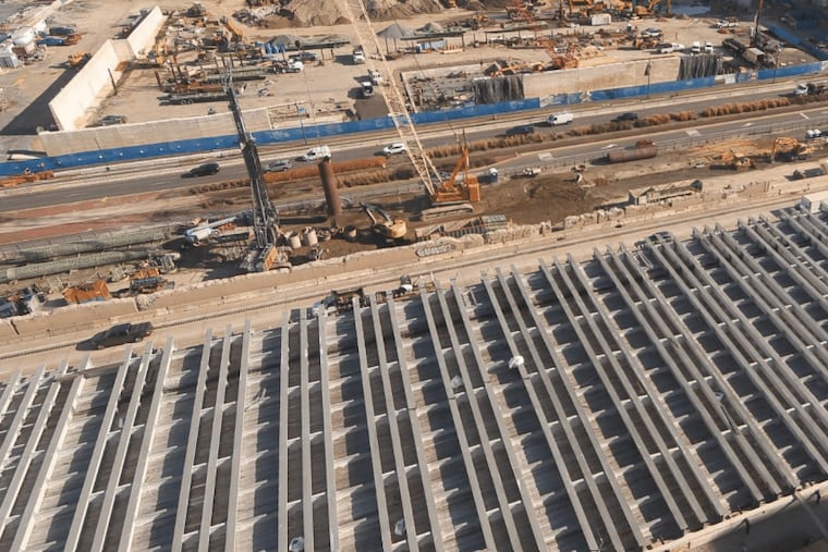 An overhead view of the progress made on the Penn's Landing cap so far.