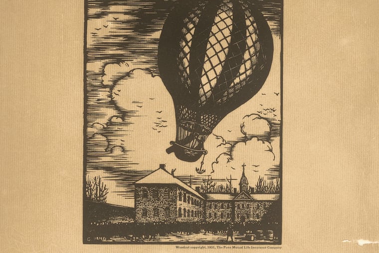 "The First Air Voyage in America," a 1931 woodcut by Charles R. Gardner. This image appears in the 1943 book, "The First Air Voyage in America: The Times, The Place, and The People of the Blanchard Balloon Voyage of Jan. 9, 1793 of Philadelphia to Woodbury."