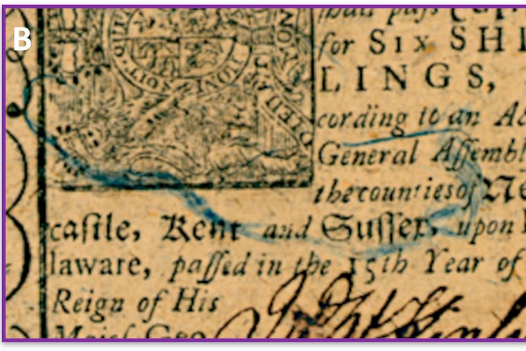 In this image provided by Proceedings of the National Academy of Sciences, blue threads can be seen in a six shillings Delaware note printed by J. Adams on January 1, 1776. Counterfeiters found it difficult to duplicate the note.