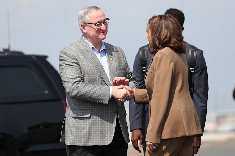 In this 2022 file photo, then-Mayor Jim Kenney greeted Vice President Kamala Harris at Philadelphia International Airport during a trip to the city. On Wednesday, he participated in a campaign event for Harris.
