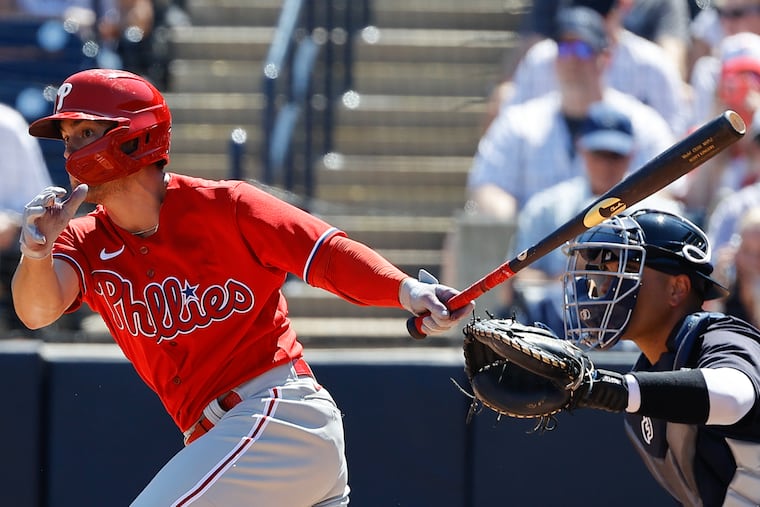 Scott Kingery watches his second-inning single vs. the Yankees. Kingery went 2-for-3 Saturday and is now slashing .476/.542/.619.