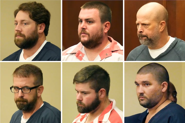 This combination of photos shows, from top left, former Rankin County sheriff's deputies Hunter Elward, Christian Dedmon, Brett McAlpin, Jeffrey Middleton, Daniel Opdyke and former Richland police officer Joshua Hartfield appearing at the Rankin County Circuit Court in Brandon, Miss., in August.
