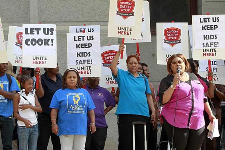 File: Unite Here Local 634 are demonstrating in front of City Hall for School Safety staff cut of School District of Philadelphia. (Akira Suwa/Staff)
