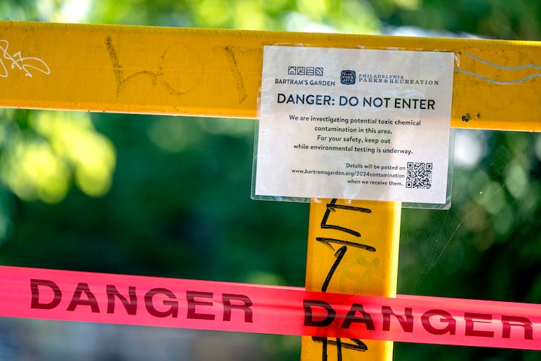 A sign posted in 2024 at a section of the Bartram’s Mile Trail, closed after Bartram's Garden received confirmation from the state Department of Environmental Protection that testing would take place in the area to determine what toxic chemicals are present and in what concentration in order to determine the possible health risks of exposure.