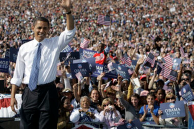 In Missouri,a state that went to the GOP in recent presidential elections,Sen. Barack Obama drewa crowd of about 100,000 in St. Louis yesterday.