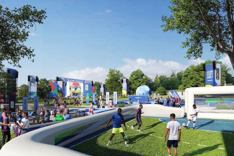 A rendering of the Philadelphia FIFA Fan Festival's soccer and gaming installations at Lemon Hill in East Fairmount Park. From June 11 to July 19, the festival will serve as the official fan experience for the 2026 World Cup in Philadelphia.
