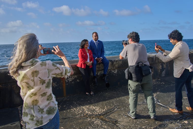 U.S. lawmakers Pramila Jayapal (D., Wash.), center left, and Jonathan Jackson (D., Ill.) pose for photojournalists at the Malecon in Havana, Saturday, April 4, 2026.