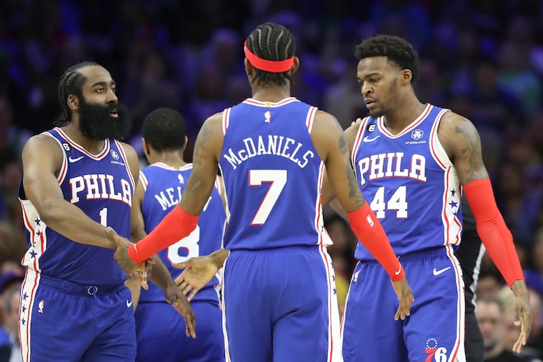 James Harden, Jalen McDaniels and Paul Reed during the Sixers' win over Boston.