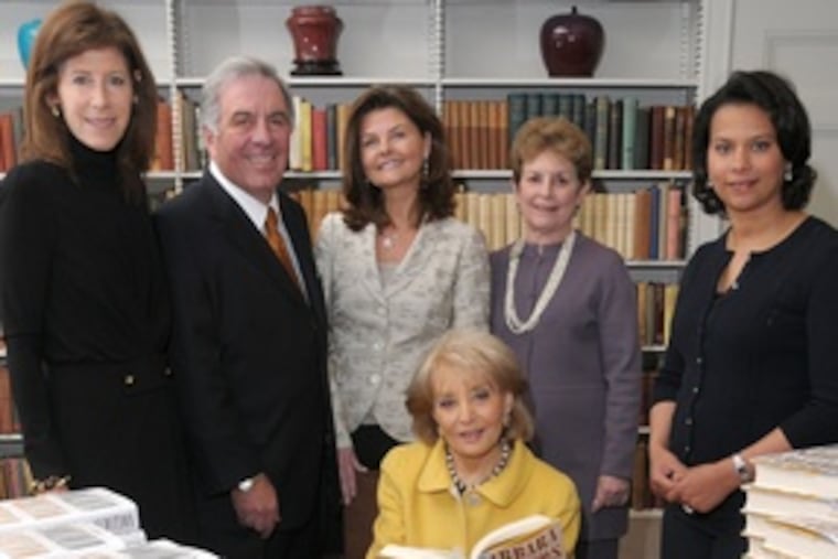 Barbara Walters with (from left) the library foundation's CEO Linda Johnson; chair Bill Sasso and wife Debbie; director Miriam Spector, chair of the George S. Pepper Society; and 6ABC anchor Tamala Edwards.