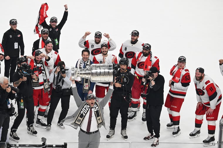 The Carolina Hurricanes celebrate after a win over the Vegas Golden Knights in Game 6 of the Stanley Cup final Sunday night.