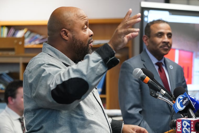 Ryan N. Boyer, Business manager of the Philadelphia Building Trades, speaks during a press conference to announce a program introducing students to the construction trades at Strawberry Mansion, in Philadelphia.