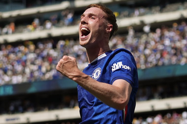 Cole Palmer celebrates one of his two goals in Chelsea's win over Paris Saint-Germain in the Club World Cup final.