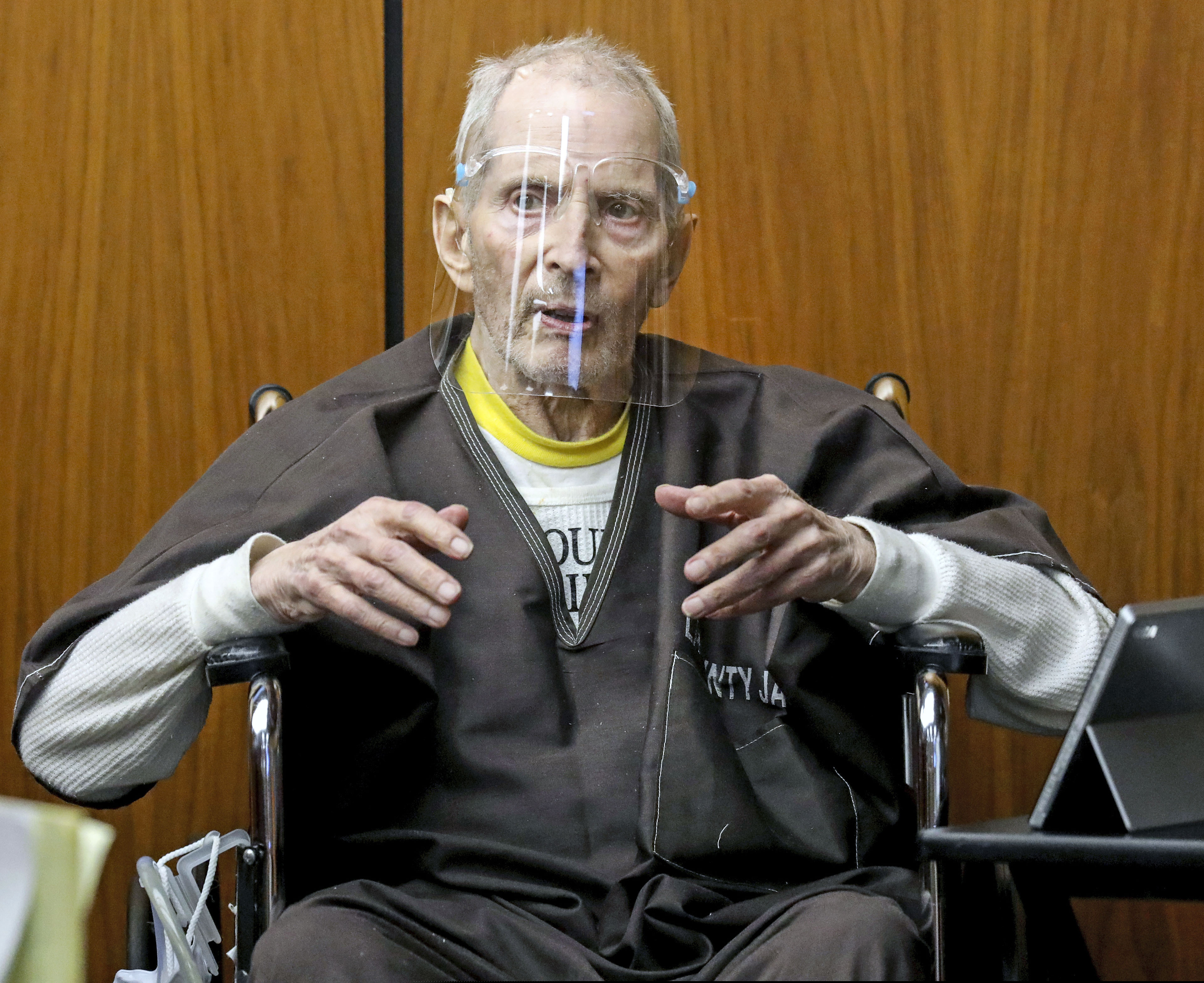 New York real estate scion Robert Durst, 78, answers questions from defense attorney Dick DeGuerin, while testifying in his murder trial at the Inglewood Courthouse in Inglewood, Calif.