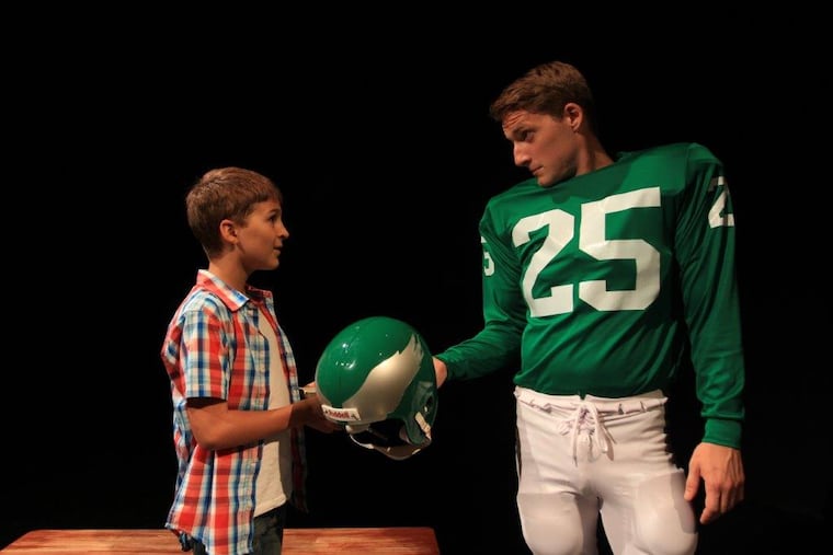 Ray Didinger (Simon Canuso Kiley) meets his boyhood hero Tommy McDonald (Ned Pryce) back in the late 1950s in Theatre Exile's world premiere of "Tommy and Me" by Ray Didinger.