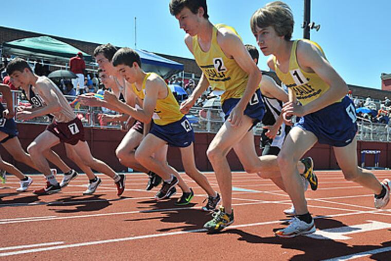 Boys 3200 Meter Run, LaSalle College High School runners take off at the sound of the gun. Seen here, James Stevenson (4), Shawn Quinn and Tom Trainer (right). (Sharon Gekoski-Kimmel / Staff Photographer)