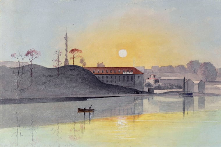 An 1868 watercolor by David Johnston Kennedy depicting the Fairmount Dam, seen from the Rialto House. Buildings were demolished in 1879, leaving Kennedy's art some of the only visual records of them.