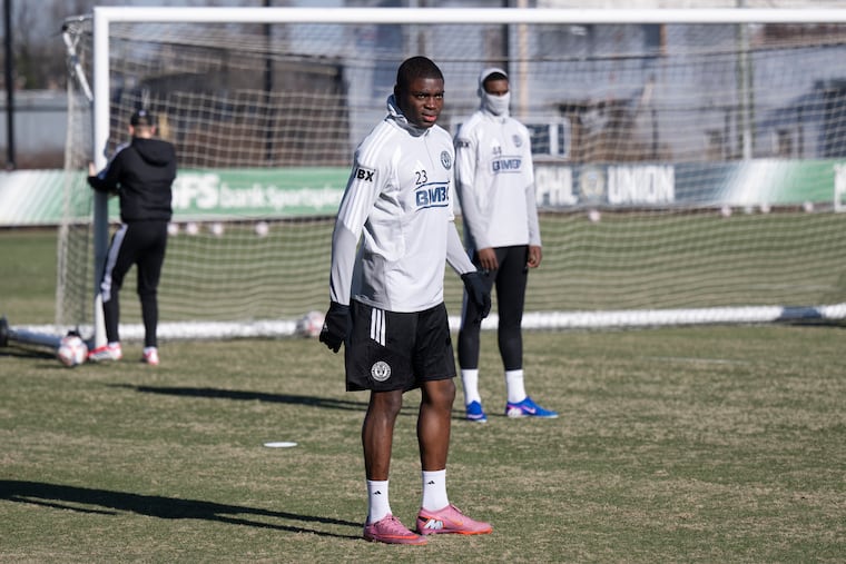 New Union striker Ezekiel Alladoh practices with the team on Tuesday at Subaru Field in Chester.